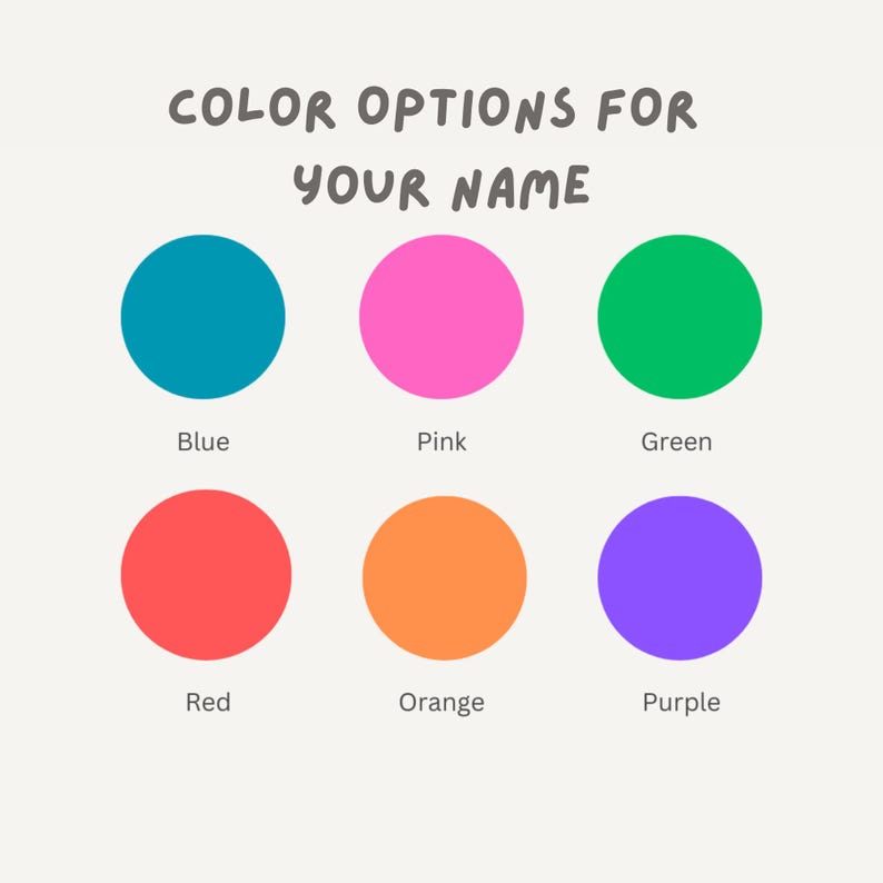 Op de afbeelding: Kleuropties voor je naam, weergegeven als zes gekleurde cirkels: blauw, roze, groen, rood, oranje en paars.