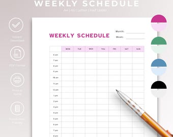 Printable Weekly Schedule Template, Instant Download PDF, Weekly Hourly Planner, Journal Planner Page, Week at a Glance, Modern Desk Planner