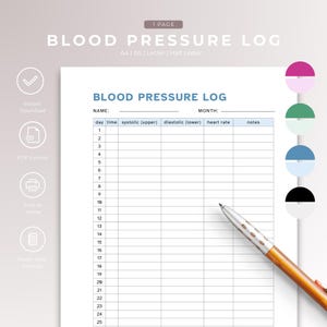 以下が含まれることがあります： 1か月分の血圧記録を付けるための印刷可能な血圧ログ。日付、時間、収縮期血圧、拡張期血圧、心拍数、メモの欄があります。