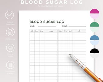 Plantilla imprimible de registro de azúcar en sangre, diario de control de glucosa, descarga instantánea, SOP, registro de diabetes, rastreador de salud, PDF, A4, A5, Carta.