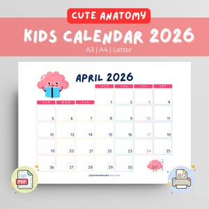 Cute Printable Kids Calendar 2026, Anatomy Themed, Print at Home Planner, Instant Download, Wall Calendar PDF, Homeschool Calendars, A3, A4.