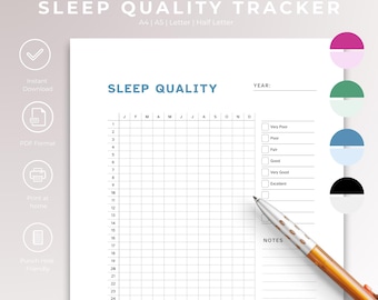 Pixelated Yearly Sleep Quality Tracker, PDF Printable bullet journal Page, Track Sleep, Sleep Log, Sleep Quality Analysis, Circadian rhythm.