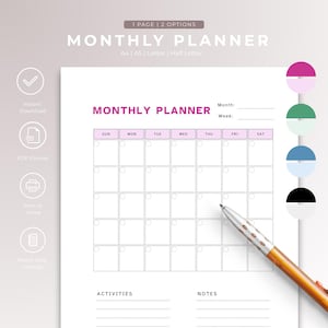Undated Monthly Planner, 2025 Calendar, Minimalist Monthly Calendar, Printable PDF, Bullet Journal Planner Page, A4, A5, Letter, Half Letter