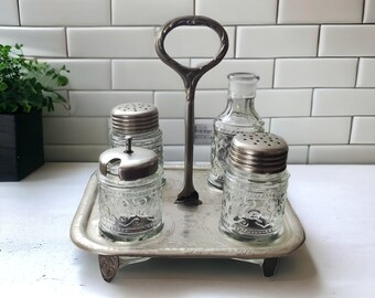 Vintage serving set. Set of 4 pieces. serving set, stand, vintage, salt shaker, seasoning jar, filigree, special case, spice container