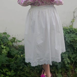 Vintage, Hand-Embroidered, Folk, Boho Skirt, White, Cotton with Lace, Ukrainian or Romanian Style
