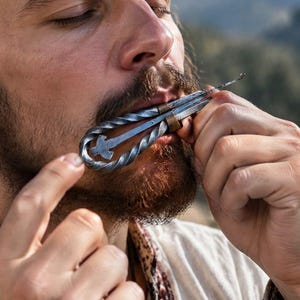 Op de afbeelding: Een handgesmede metalen mondharp met een gedraaid frame, een centrale trillende tong en twee kleine messingkleurige ringen die de structuur vastzetten. Het instrument wordt tegen de lippen gehouden en toont een getextureerde, donkergrijze afwerking.