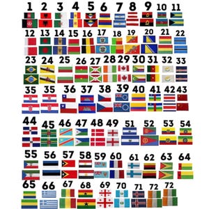 以下が含まれることがあります： 72の長方形の旗のグリッド。それぞれが異なる国を表しています。旗は行と列に配置され、各旗の上に番号が付けられています。旗はさまざまな色とデザインを表示しています。