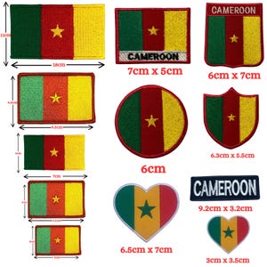 May include: A collection of embroidered patches featuring the flags of Cameroon and Senegal in various shapes and sizes, including rectangles, circles, shields, and hearts. Some patches display the text CAMEROON with dimensions in centimeters.