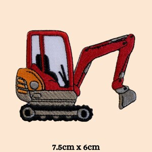 May include: Red and orange embroidered iron-on patch of a small excavator with a black track and a grey bucket. The patch is 7.5cm by 6cm.