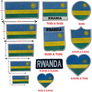 May include: A collection of embroidered patches featuring the Rwanda flag in various shapes and sizes, including rectangles, circles, shields, and hearts. Some patches display the text RWANDA. Dimensions range from 3cm to 18cm in width.