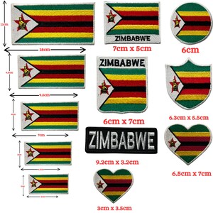 May include: A collection of embroidered patches featuring the Zimbabwe flag in various shapes and sizes, including rectangular, circular, shield, and heart designs. Some patches include the text ZIMBABWE, with dimensions ranging from 3cm to 18cm.