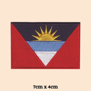 May include: Embroidered patch of the flag of Antigua and Barbuda. The flag is red, white, blue, and black with a yellow sun in the center. The patch is 7 cm by 4 cm.