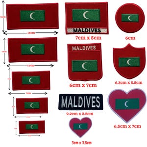 May include: A collection of embroidered patches featuring the Maldives flag, which consists of a red field with a green rectangle and a white crescent. The patches come in various shapes including rectangles, circles, shields, and hearts, with some labeled MALDIVES.