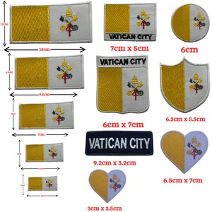 May include: A collection of embroidered patches featuring the Vatican City flag design with yellow and white sections and the papal emblem. Sizes range from 3 cm by 3 cm to 18 cm by 11 cm, with some patches displaying the text VATICAN CITY.
