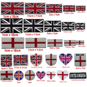 May include: A variety of embroidered patches showcasing the Union Jack, St. George's Cross, and other UK emblems. Sizes vary from 3cm x 2cm to 11cm x 18cm. Designs include rectangular, shield, heart, and circular patches, with the word "England" on some.