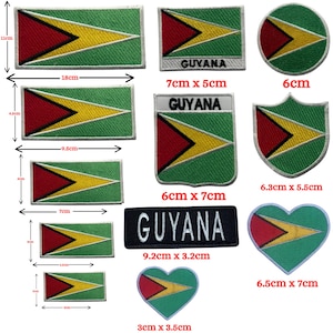 May include: A collection of embroidered patches featuring the flag of Guyana in various shapes including rectangles, circles, shields, and hearts. Some patches include the text GUYANA. Dimensions range from 3 cm by 3 cm to 18 cm by 11 cm.