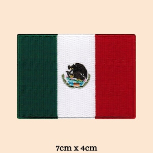 May include: An embroidered patch of the Mexican flag. The flag is green, white, and red with the Mexican coat of arms in the centre. The patch is 7cm by 4cm.