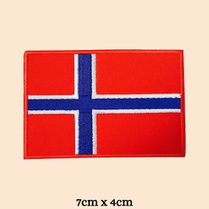 May include: A red, white, and blue embroidered patch of the Norwegian flag. The patch is 7 inches by 4 inches.