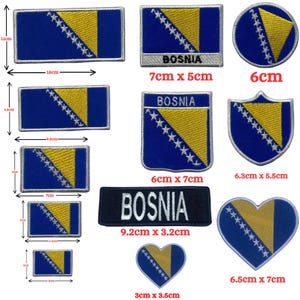 May include: A collection of embroidered patches featuring the flag of Bosnia and Herzegovina in various shapes and sizes, including rectangles, circles, shields, and hearts. Some patches display the text BOSNIA in white or black embroidery.
