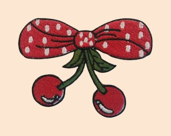 Cherry Embroidered Iron Sew On Patch Red Cherries Rockabilly Polka Dot Bow Badge
