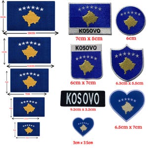 May include: A collection of embroidered patches featuring the Kosovo flag design with a blue background, a gold map, and six white stars. Various shapes include rectangles, circles, shields, and hearts, with dimensions ranging from 3cm to 18cm.