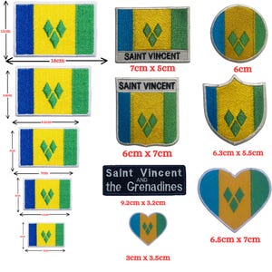 May include: A collection of embroidered patches featuring the flag of Saint Vincent and the Grenadines in various shapes and sizes, including rectangles, circles, shields, and hearts, with dimensions ranging from 1.2 inches to 7.1 inches.