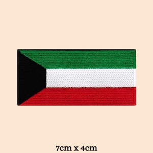 May include: An embroidered patch of the Kuwaiti flag. The flag is green, white, and red with a black triangle in the upper hoist corner. The patch is 7cm by 4cm.