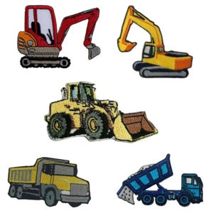 May include: A collection of five embroidered patches depicting construction vehicles. The set includes a red excavator, yellow excavator, yellow front-end loader, yellow dump truck, and blue dump truck. Each patch is intricately stitched.