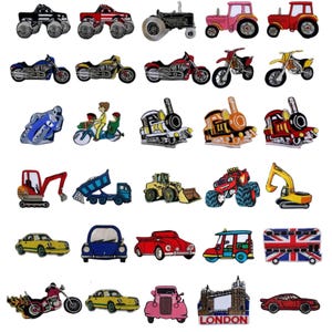 May include: A selection of embroidered vehicle patches. Designs include monster trucks, motorbikes, tractors, trains, cars, and a London double-decker bus. The patches are in a variety of colours and styles, ideal for customising clothing or accessories.
