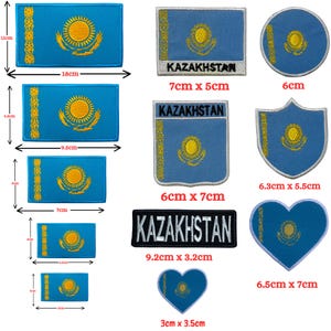 May include: A collection of embroidered patches featuring the flag of Kazakhstan in various shapes and sizes, including rectangular, circular, shield, and heart designs. Some patches include the text KAZAKHSTAN with visible measurements in cm.