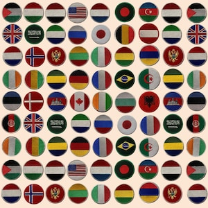 May include: A collection of 81 round embroidered patches featuring flags from various countries. The patches are arranged in a grid pattern on a light beige background.