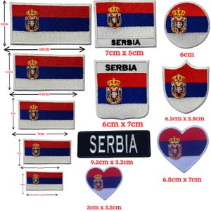 May include: A collection of embroidered patches featuring the Serbian flag with its red, blue, and white horizontal stripes and central coat of arms. Various shapes include rectangles, circles, shields, and hearts, with sizes ranging from 3cm to 18cm.