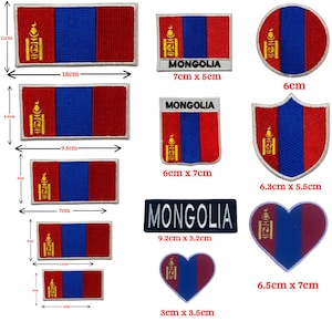 May include: A collection of embroidered patches featuring the Mongolian flag in various shapes including rectangles, circles, shields, and hearts. Several patches include the text MONGOLIA. Dimensions range from 3 cm by 2 cm to 18 cm by 11 cm.