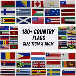 Puede incluir: Una colección de parches bordados con banderas de países. La imagen presenta una variedad de banderas, incluyendo la bandera española y la bandera de Italia. Los parches son rectangulares y miden 11 cm x 18 cm.