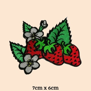 May include: Embroidered iron-on patch featuring two red strawberries with green leaves and white flowers. The patch measures 7cm by 6cm.