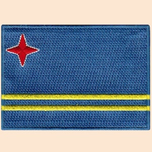 May include: A blue fabric patch with a red star and two yellow stripes. The patch is a representation of the flag of Aruba.