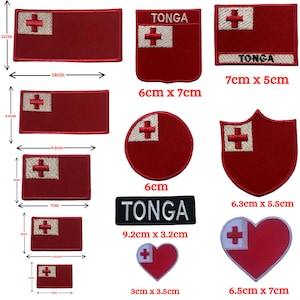 May include: A collection of embroidered patches featuring the red and white flag of Tonga in various shapes including rectangles, circles, shields, and hearts. Some patches include the text TONGA. Dimensions are provided in centimeters for each item.