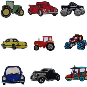 May include: A selection of embroidered vehicle patches. Includes a green tractor, red convertible, black monster truck, yellow sports car, red tractor, monster truck, blue car, black classic car, and a red and blue bus.