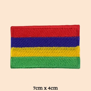 May include: An embroidered patch of the flag of Mauritius, featuring red, blue, yellow and green stripes. The patch measures 7cm by 4cm.