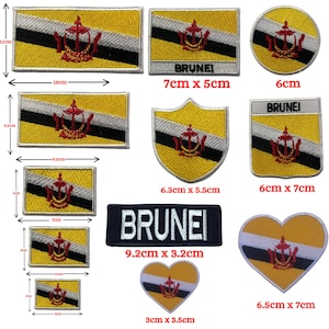 May include: A collection of embroidered patches featuring the Brunei flag in various shapes and sizes, including rectangles, circles, shields, and hearts. Some patches include the text BRUNEI. Dimensions range from 3cm to 18cm in width.