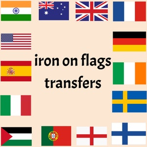 May include: Iron-on flag transfers for various countries, including the United States, Australia, the United Kingdom, France, Germany, Spain, Ireland, Sweden, Italy, Palestine, Portugal, England, and Finland.
