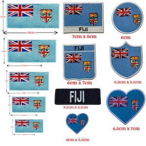 May include: A collection of embroidered patches featuring the Fiji flag in various shapes and sizes, including rectangular, circular, shield, and heart designs. Some patches include the text FIJI. Dimensions range from 2cm to 18cm in width.