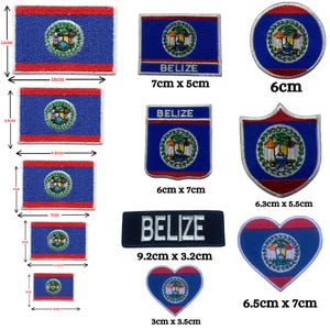 May include: A collection of embroidered patches featuring the Belize flag in various shapes and sizes, including rectangular, circular, shield, and heart designs. Some patches include the text BELIZE. Dimensions range from 1.2 inches to 7.1 inches.