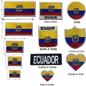 May include: A collection of embroidered patches featuring the Ecuador flag in various shapes and sizes, including rectangular, circular, shield, and heart designs. Some patches include the text ECUADOR in white or black lettering with visible measurements.