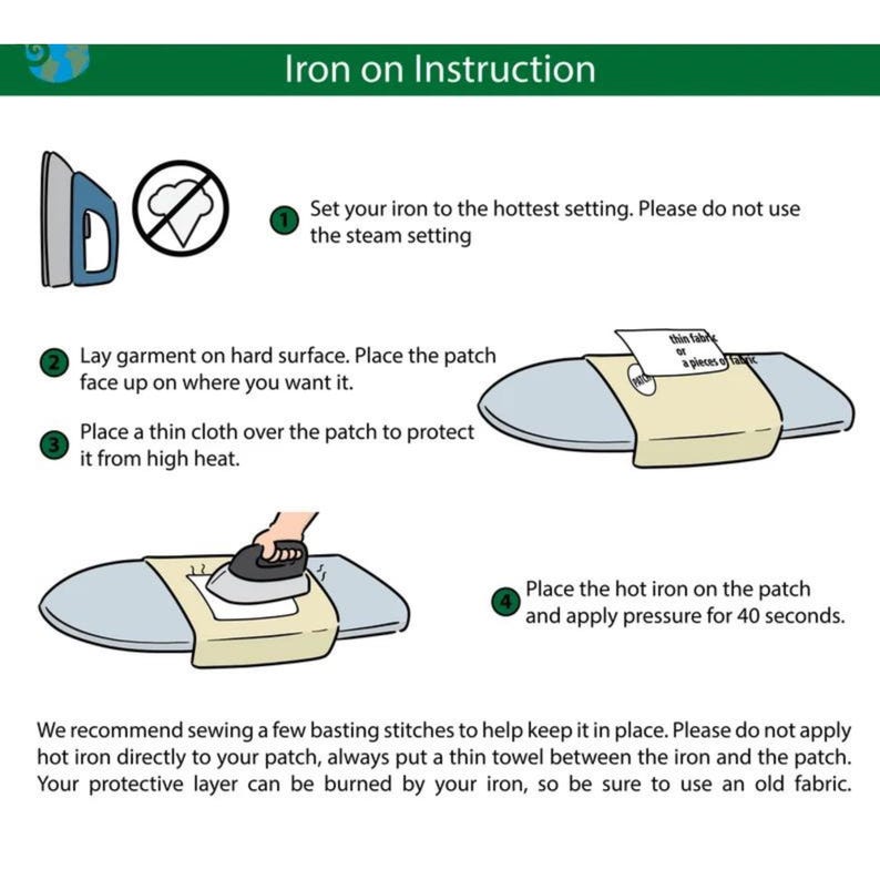 Puede incluir: Instrucciones ilustradas para planchar un parche. Los pasos muestran c&oacute;mo ajustar la plancha, colocar la prenda, usar un pa&ntilde;o protector y aplicar calor durante 40 segundos. Texto: "Iron on Instruction".