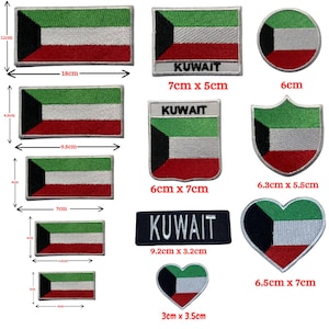 May include: A collection of embroidered patches featuring the Kuwait flag in various shapes including rectangles, circles, shields, and hearts. Some patches include the text KUWAIT. Dimensions range from 3cm by 4.5cm to 11cm by 18cm as labeled.