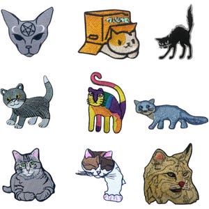 May include: A collection of nine embroidered cat patches in various styles and colors. Designs include a gray cat head with a pentagram, a cat in a box, a black cat with arched back, and a rainbow cat.