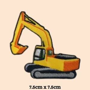 May include: Embroidered patch featuring a yellow excavator with an orange bucket and black treads. The patch measures 7.5cm x 7.5cm, approximately 3 inches by 3 inches.