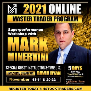 May include: Promotional graphic for the 2021 Online Master Trader Program. Features Mark Minervini and David Ryan. Includes text: "5 Days That Will Transform Your Trading for Life!" and "Register Today @ 4stocktraders.com."