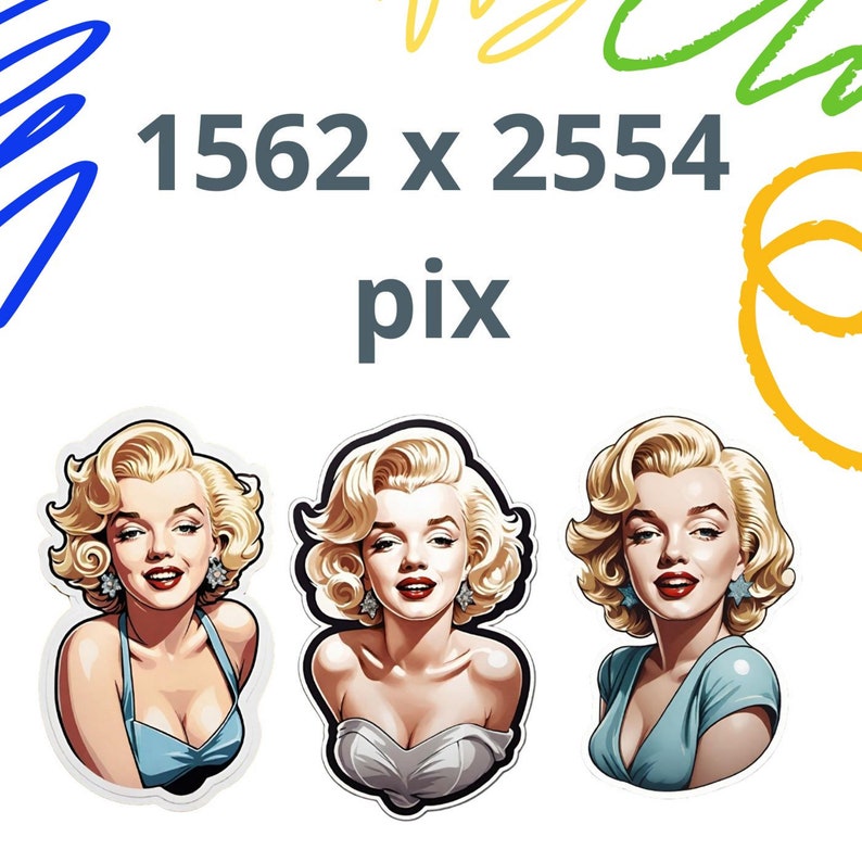 May include: Three illustrations of Marilyn Monroe, each with a different hairstyle and outfit. The illustrations are in a cartoon style and have a white background.